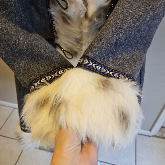 True Vintage 70s Gray Nordic Faux Fur Penny Lane Toggle Wool Coat Womens S Boho - Picture 4 of 8